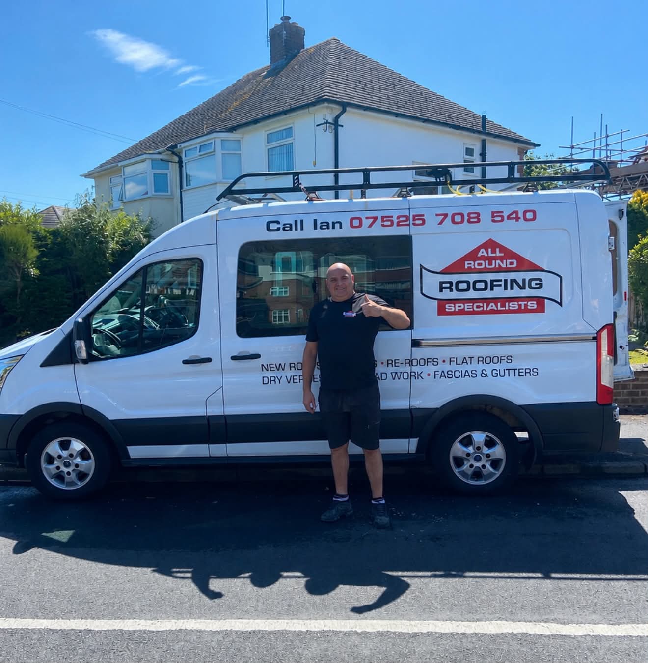 Ian outside a job in Birkenhead with the All Round Roofing Specialists van